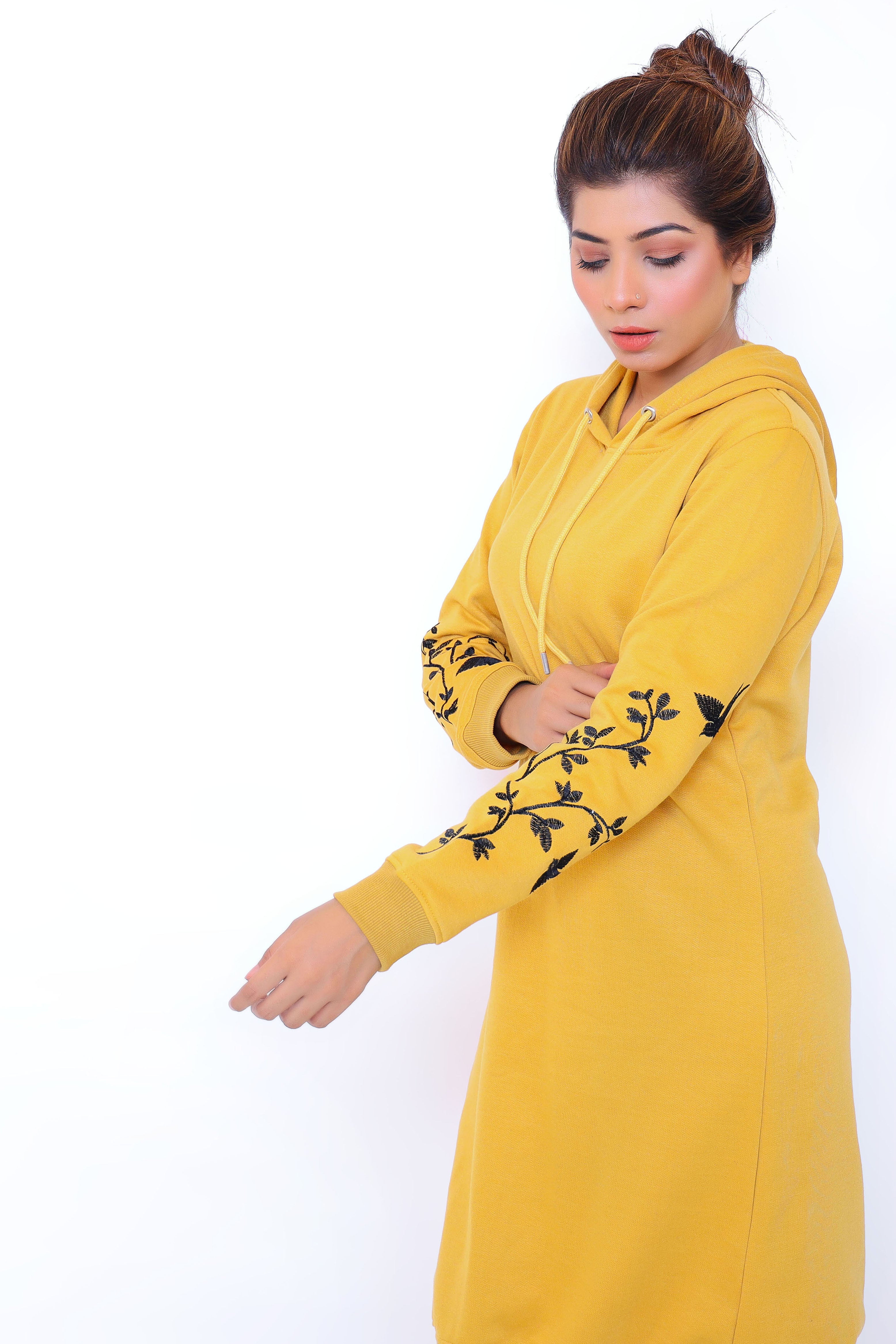 MUSTARD EMB LONG HOODIE