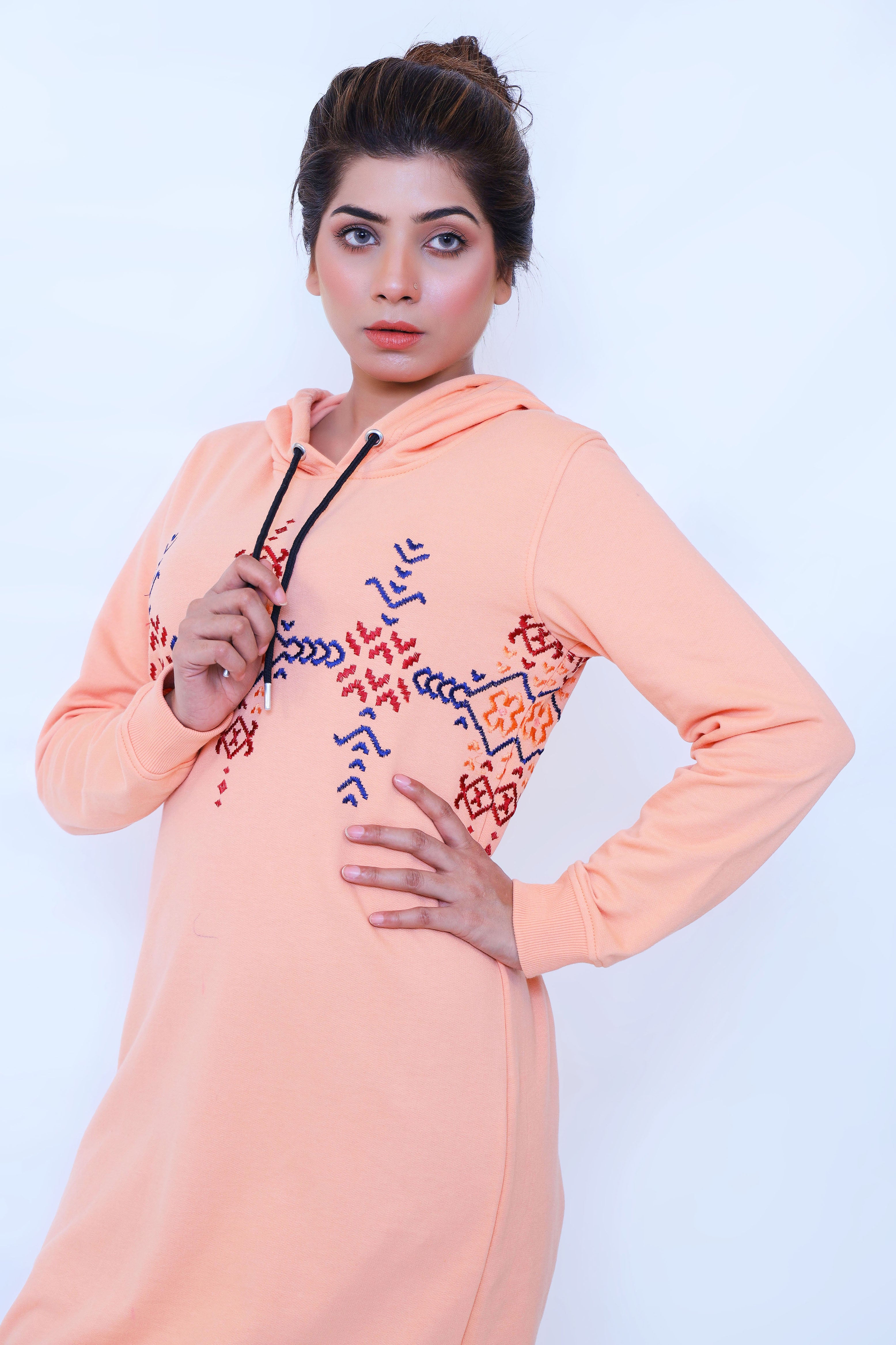 PEACH ETHNIC EMB HOODIE