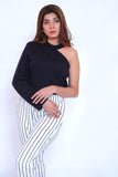 Long sleeve asymmetric off shoulder top with trendy trouser