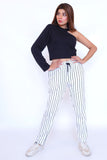 Long sleeve asymmetric off shoulder top with trendy trouser