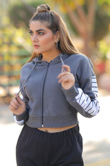 Charcoal grey color block zip-up hoodie