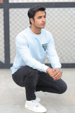 MENS SWEAT BLUE WITH FRONT EMB SPACED OUT