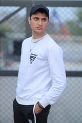 MENS SWEAT WHITE WITH FRONT EMB SPACED OUT