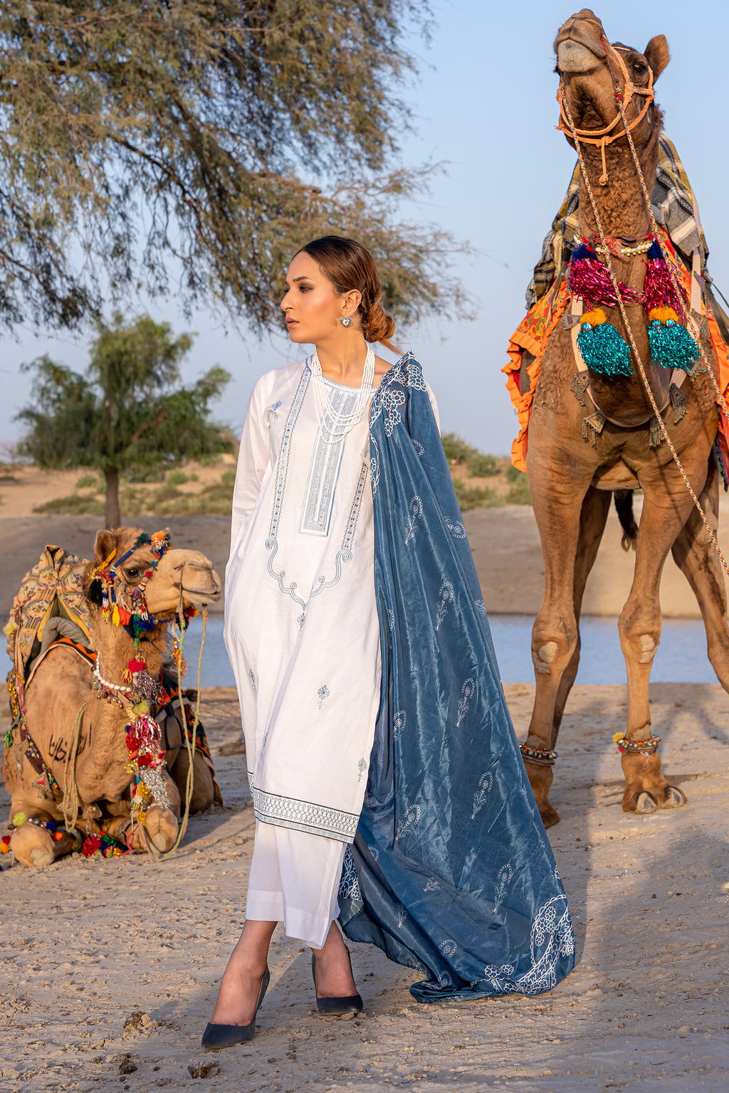 LADIES 3PC EMBROIDERY STITCHED SUIT WITH SHAMOZ SILK PRINTED DUPATTA
