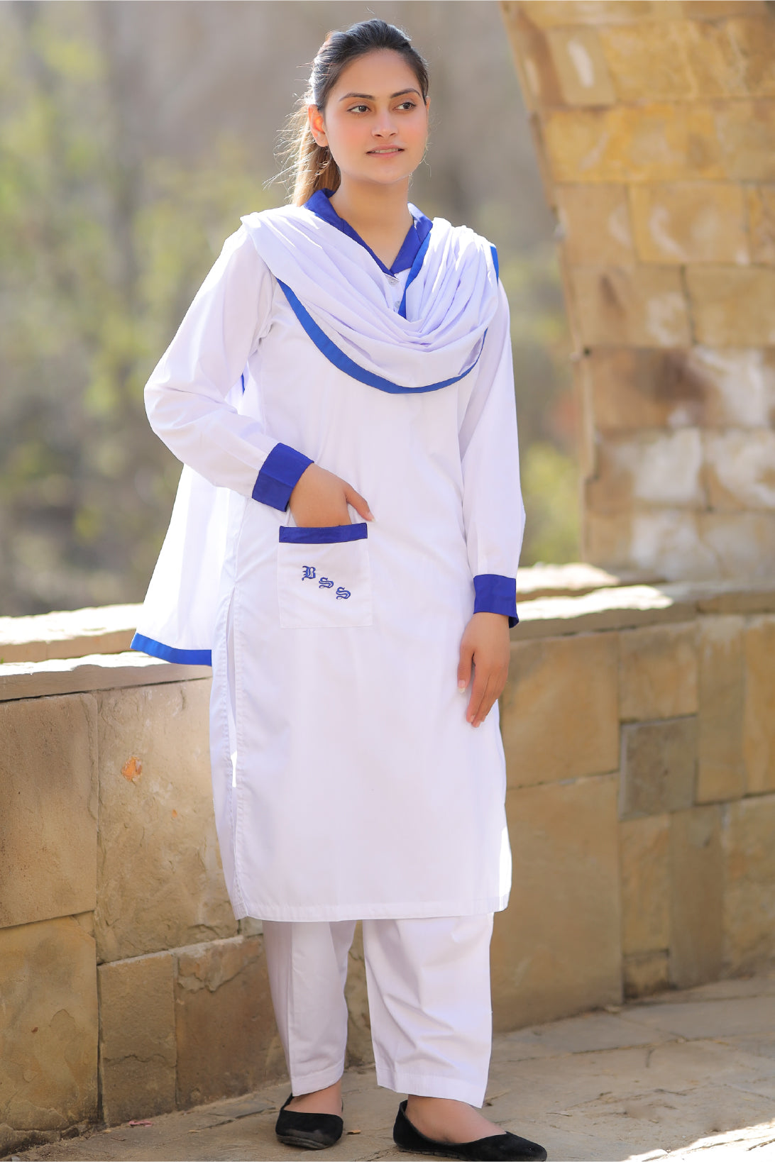 S/Kameez White with R.Blue Collar BSS Logo For Girls F/S