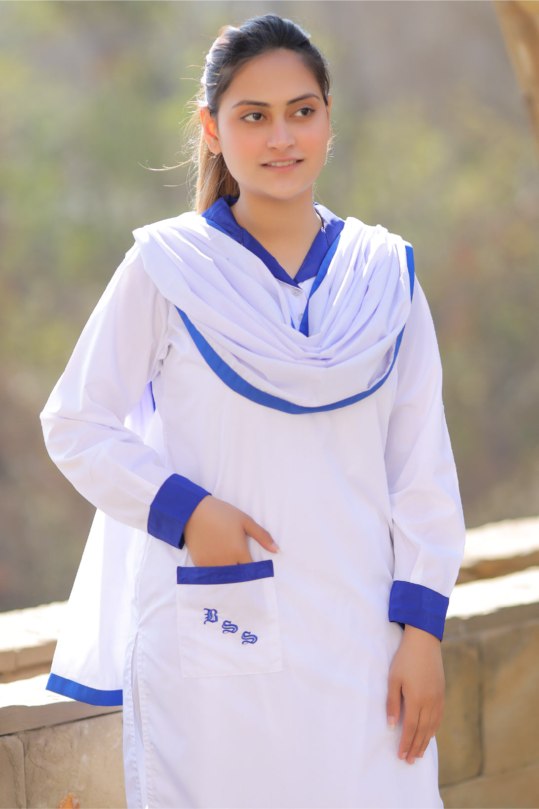 S/Kameez White with R.Blue Collar BSS Logo For Girls F/S