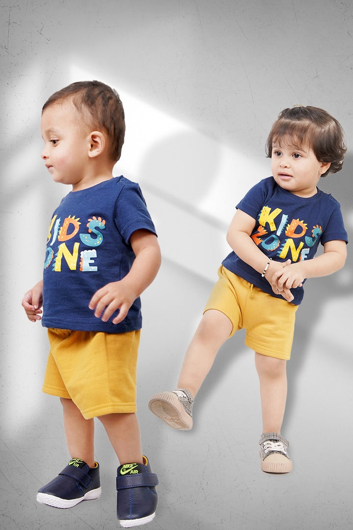 UNISEX BABY SHIRT SHORT SET/ NEWBORN NAVY BLUE & MIMOSA COLOR TEE SET