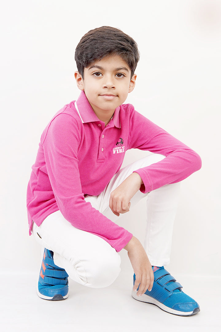KIDS POLO PINK  FRONT PRINTING LIGHT MY FIRE