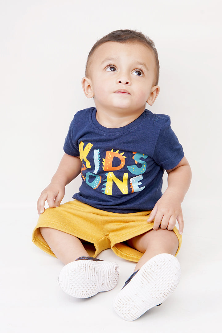 UNISEX BABY SHIRT SHORT SET/ NEWBORN NAVY BLUE & MIMOSA COLOR TEE SET